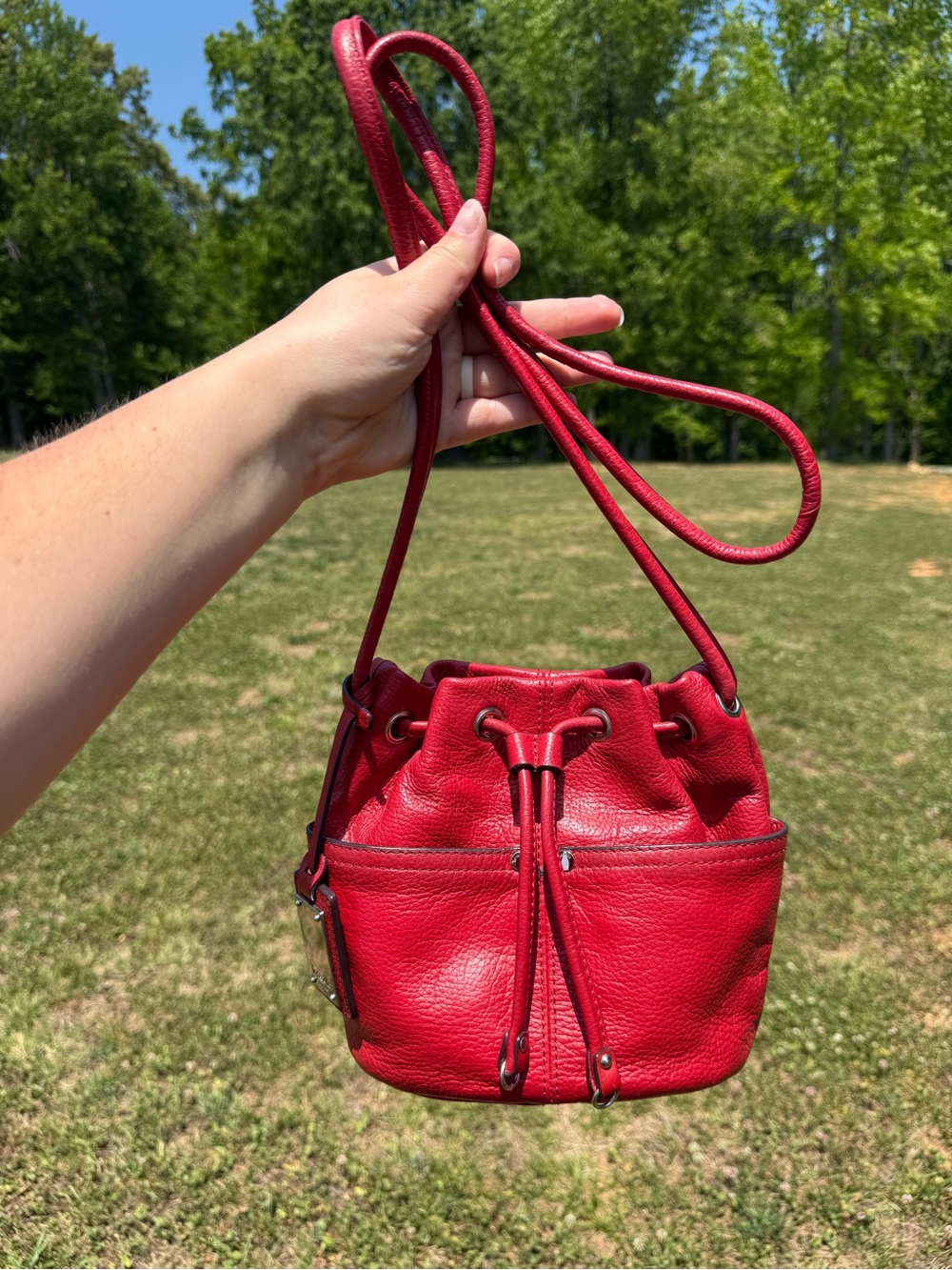 Red Leather Drawstring Bucket Bag